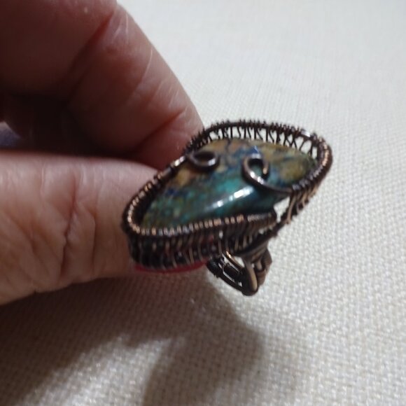 Natural LONE MOUNTAIN TURQUOISE Handmade COPPER WIRE-WRAPPED Ring Size 8 #787B - Picture 4 of 4